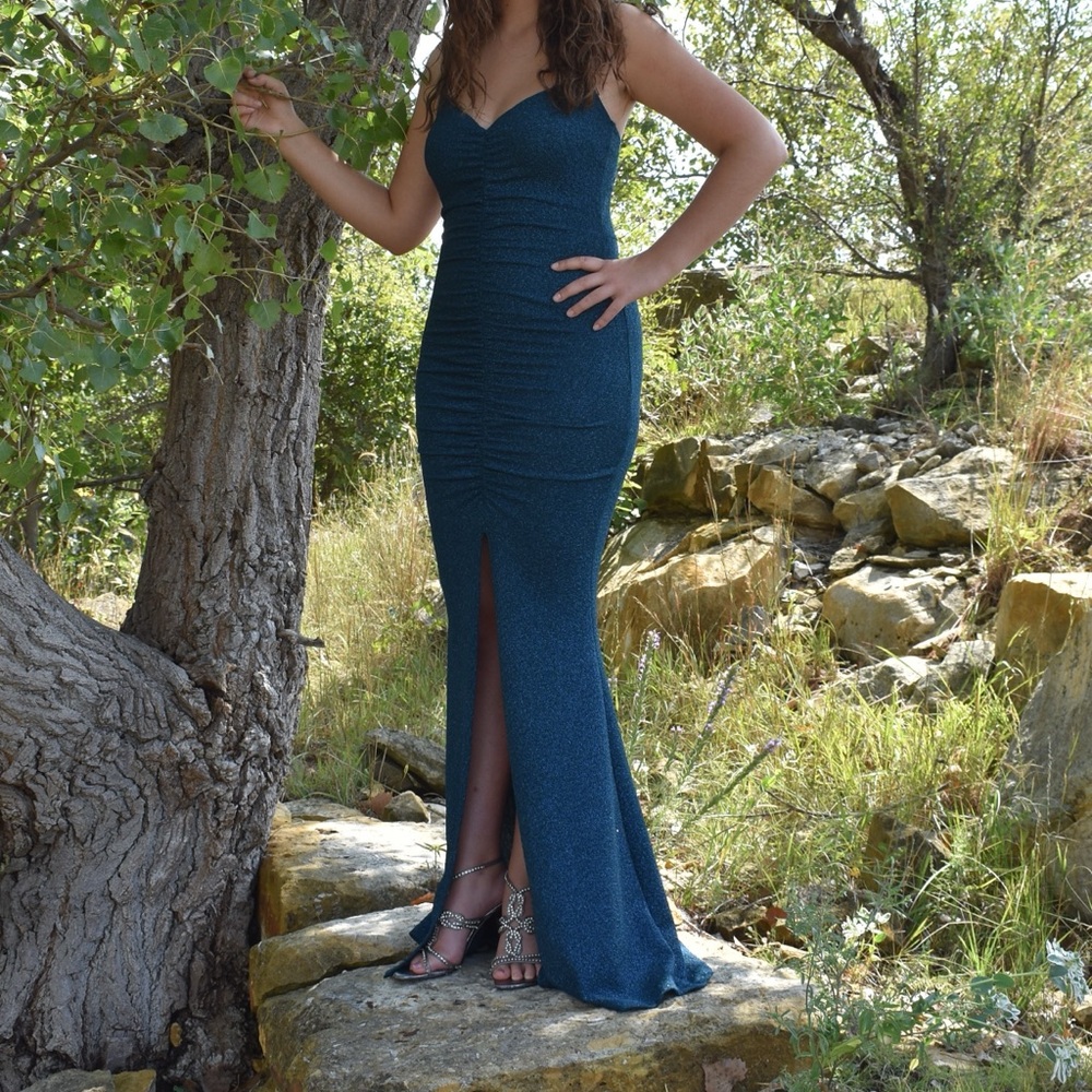 Sparkly Blue-Green Strapless Formal Gown
